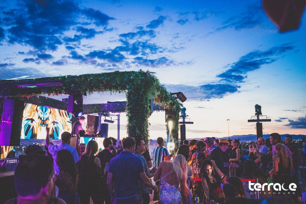 Rooftop of Afterhours club in Las Vegas lit up by sunrise