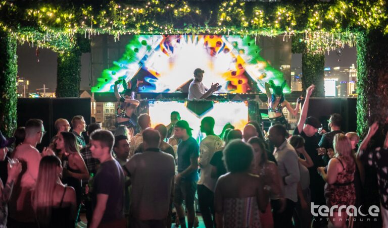 Crowd enjoying underground house music at Terrace Afterhours rooftop nightclub in Las Vegas