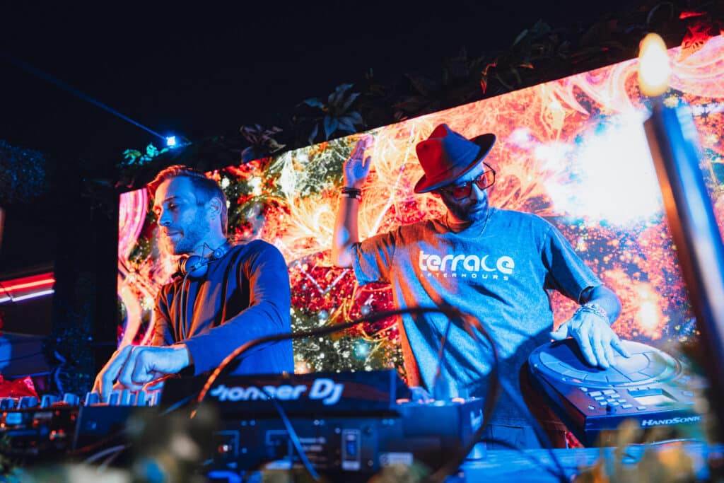 Resident DJs at Terrace Afterhours performing underground house and techno music