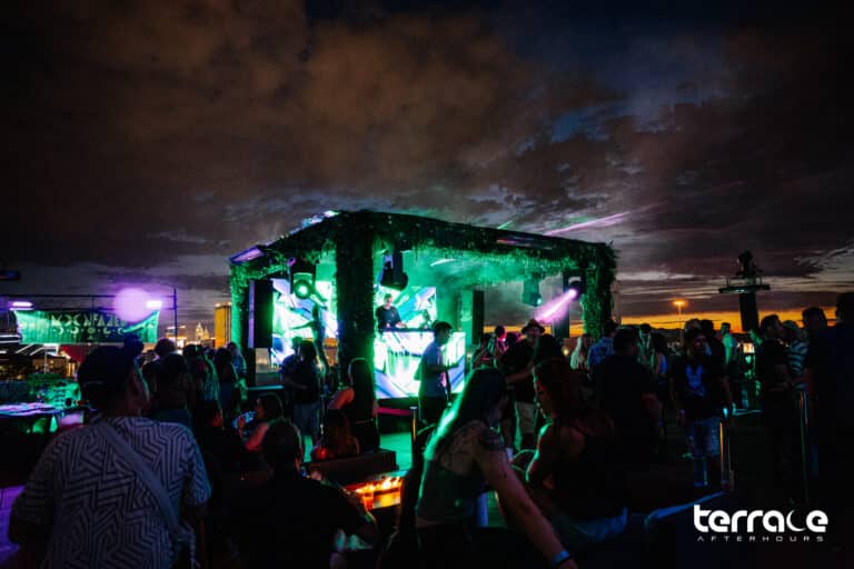 Rooftop party illuminated by the Terrace Afterhours LED stage wall and lights