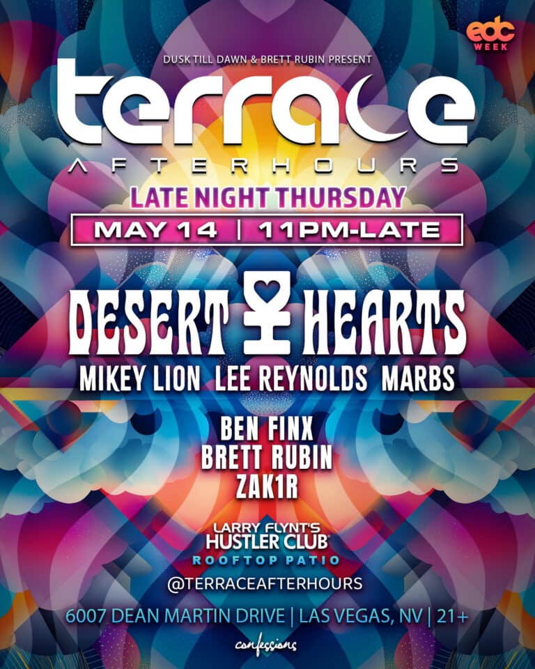 artwork for EDC Week event at Terrace Afterhours nightclub featuring Desert Hearts