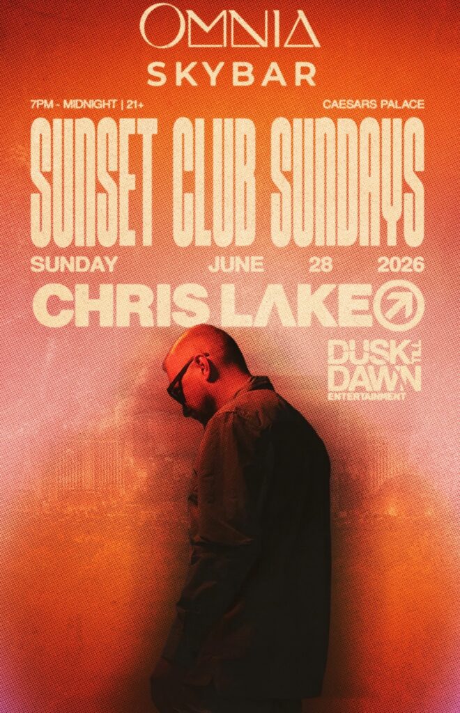 Promotional flyer for Sunset Club Sundays at Omnia Skybar with Chris Lake