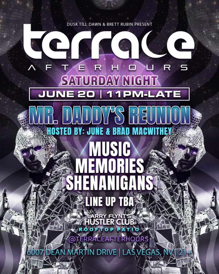 Flyer with picture of man wearing disco ball themed suit for Mr. Daddy's reunion at Terrace Afterhours