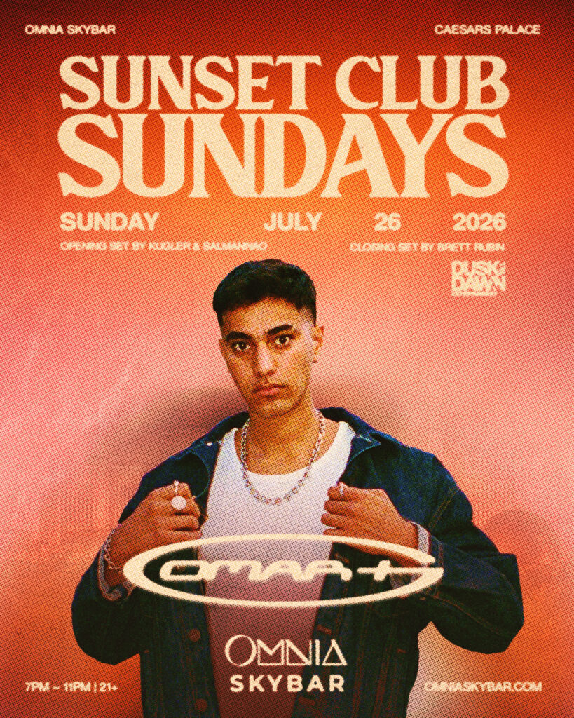 Promotional flyer for Sunset Club Sundays at Omnia Skybar with Omar Plus