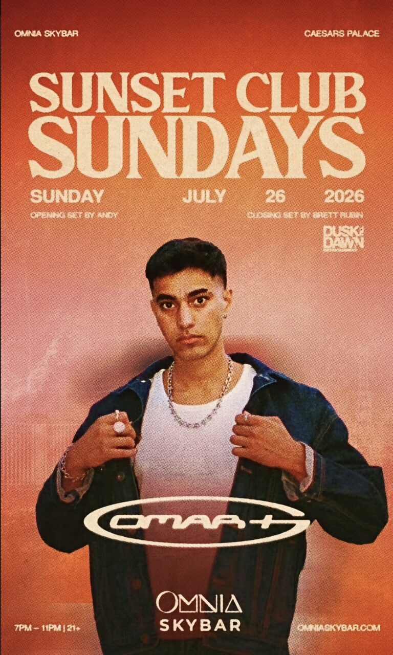 Promotional flyer for Sunset Club Sundays at Omnia Skybar with Omar Plus