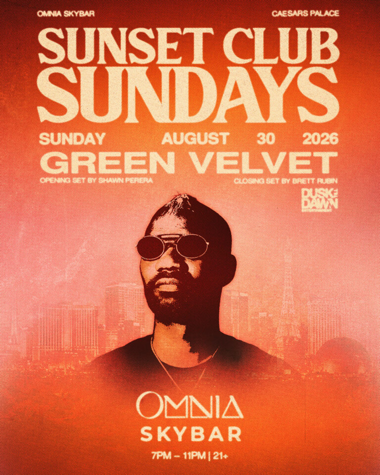 Promotional flyer for Sunset Club Sundays at Omnia Skybar with Green Velvet